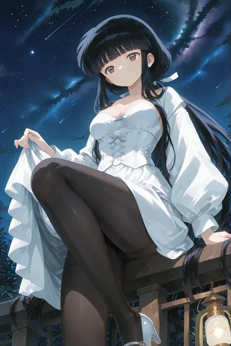 very long hair, blunt bangs, sidelocks, hime cut,,hair ribbon, long hair, blunt bangs, sidelocks, low ponytail,,kikyoinu, black hair, brown eyes,,,杰出作品,轻微写实, 优质非凡, 非常美观, 超高分辨率, 高分辨率,动漫风格,Under the Stars, beautiful, beautiful, beautiful, excellent, night, s...