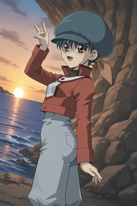  duel academy uniform (yu-gi-oh! gx), jacket, Rei Saotome (character), 1girl, solo, blue hair, brown eyes, long sleeves, short hair, cabbie hat, hat, hair ribbon, small breasts, jacket, cute pose, official style, looking at viewer, beautiful legs, beautifu...