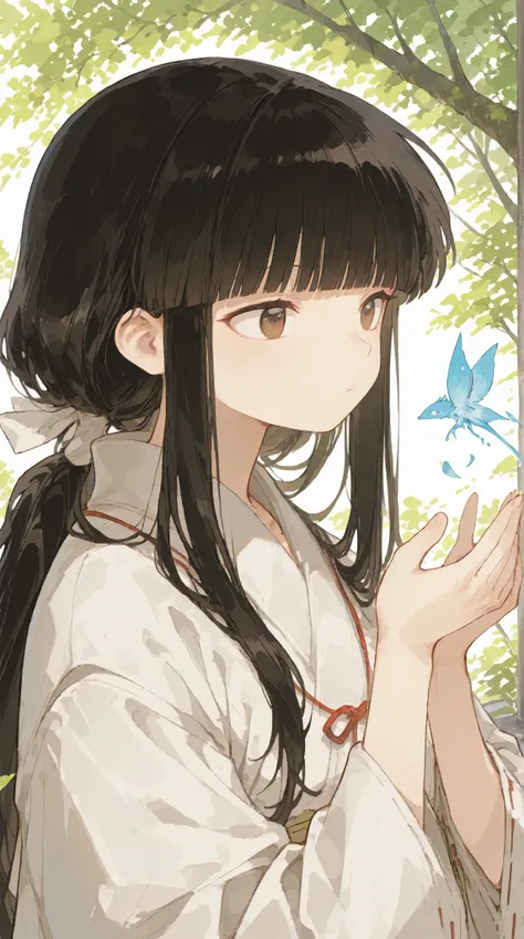 very long hair, blunt bangs, sidelocks, hime cut,,hair ribbon, long hair, blunt bangs, sidelocks, low ponytail,,kikyoinu, black hair, brown eyes,,杰作, 最高品质, 星星空の下, 美丽的, 美丽的, 美丽, 极好的, 晚上, 星星, 灯光, 神秘的气氛, 动漫风格, 高分辨率, 8千, 超级详细、白色连衣裙、不对称半身裙、长大的女孩、美丽的少女、黑色紧身衣、泵、全...