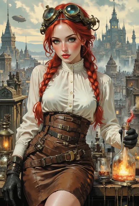 Anime art, full length portrait, gorgeous steampunk alchemist, long red hair in two braids, pale skin, freckles, high neck white blouse and brown leather pencil skirt. Toned body, medium breast. Goggles on top of head, gloves. Mischevious smile, green eyes...