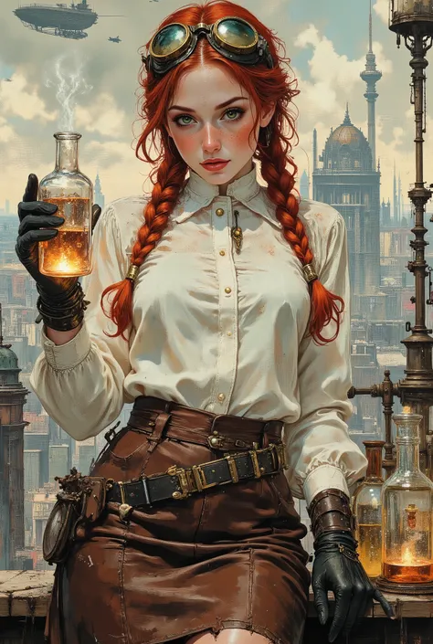 Anime art, full length portrait, gorgeous steampunk alchemist, long red hair in two braids, pale skin, freckles, high neck white blouse and brown leather pencil skirt. Toned body, medium breast. Goggles on top of head, gloves. Mischevious smile, green eyes...