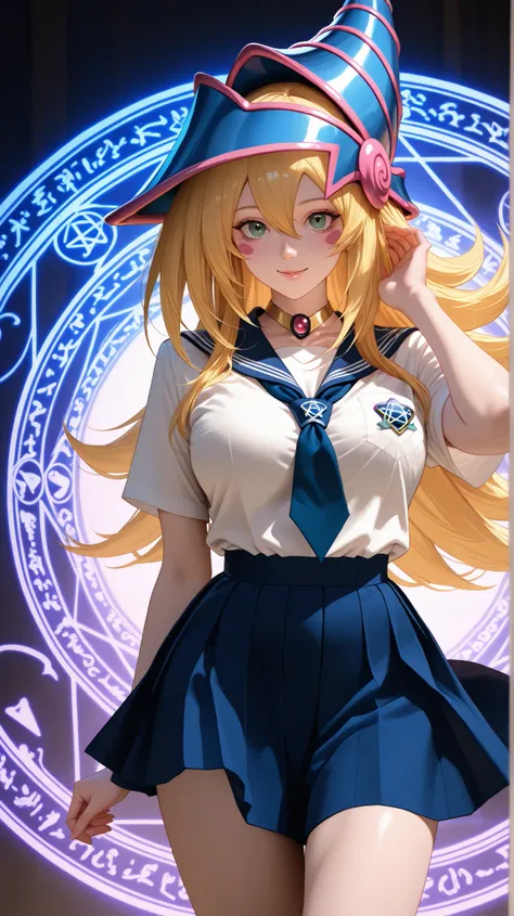 Dark Magician girls. realistic, Medium Shot Like a Painting of a Seductive White Woman, 2, 5'9" tall, perfect, Graceful physique . Her Long, Wavy Hair Is Vivid Turquoise Blue,.  She's Attractive //, Beautiful Woman in School Uniform,  Her pose is fluid and...