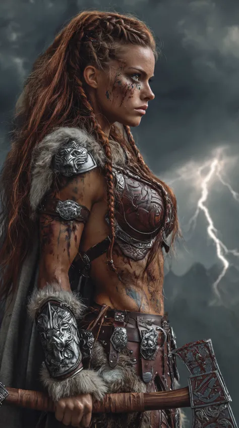 Majestic Viking warrior goddess, breathtaking beauty with powerful athletic build, imposing low-angle view, long braided auburn hair with intricate Nordic plaits, form-fitting leather and steel armor with fur accents, bare muscular shoulders, detailed batt...