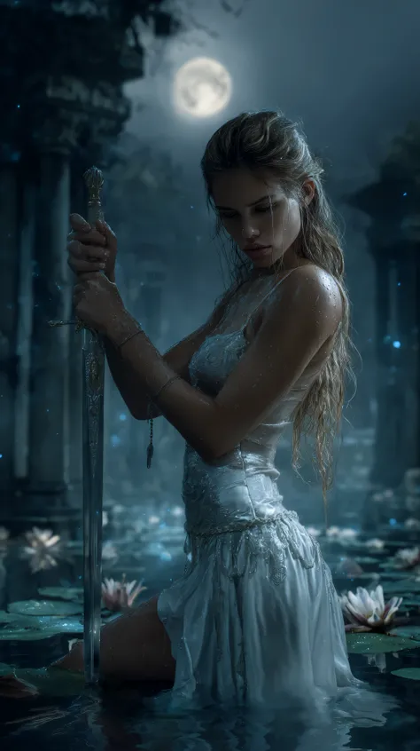 A breathtaking Lady of the Lake emerging from misty waters, holding the legendary Excalibur sword, perfect hourglass figure, wet silvery dress clinging to her curves, moonlit scene. Long flowing hair with water droplets, ethereal beauty, delicate features,...