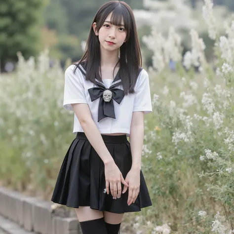 arafed asian woman in a black skirt and a white shirt posing for a picture, japanese school uniform, japanese girl school uniform, wearing japanese school uniform, cute schoolgirl, jk uniform, beautiful anime high school girl, Wear loafers, Open belly, See...