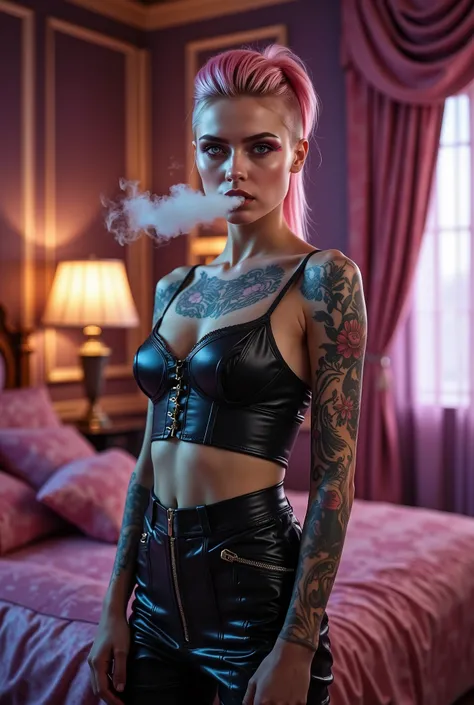 An extremely tattooed 20 year old girl with pastel pink hair in a mohican swept to one side of her head with the back and sides of her head shaved very short. She stands in a brightly lit opulent bedroom, looking at the camera with purple eyes. She wears a...