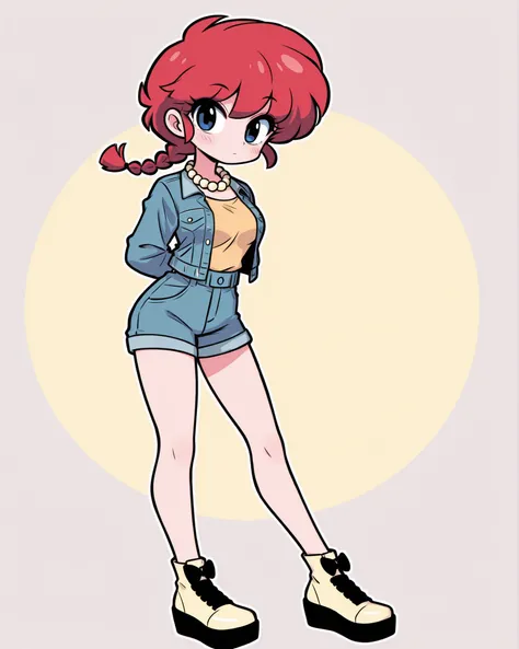 CartoonyIllustrious,ranma, long_hair,red_hair, braided_ponytail, shojo style in retro 90s style: denim jacket, platform shoes, chunky necklace, pastel yellow solid background. solo character, solo girl
