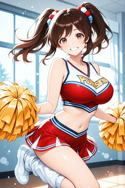 1 woman, school background, watercolor, dance motion, Smile Yan, standing grinning, Lift one leg, cheerleader costume, Pom Poms, miniskirt, Leg Warmers, brown hair, ponytails completely naked:1.4, Reddish brown eyes, big eyes, tareme, big boobs, Slender Bo...