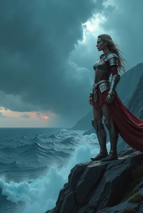 A solitary Celtic warrior woman stands on a windswept cliff overlooking a stormy sea, her armor etched with ancient runes. The sky above is a tumultuous canvas of dark clouds and lightning, with the faint glow of a distant, unknown star. Her expression is ...