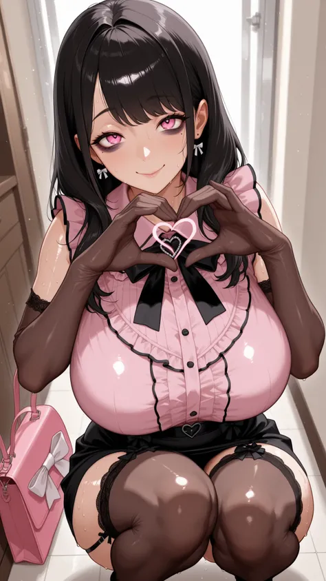 masterpiece,Highest Quality,Detailed eyes ,Woman,Mature Woman,Huge Chest,pink eye,moles under eyes,smile,clean skin,shiny hair,ultra Detailed eyes ,jirai kei, dark haired, bow, long hair at Boro-Yado, bag,pink shirt,black skirt,, heart sign,indoors,Pose,sq...
