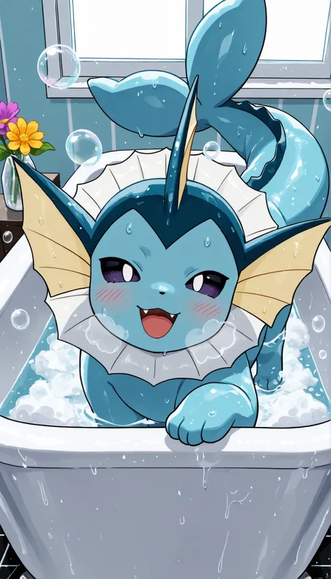 best quality,best resolution,(young :1.4),vaporeon,beautiful bathroom,window,flower,bathtub full of soap bubble,plenty bubble,romantic light,blush,heavy breath,sweating,plenty sexy sweat,smile,open mouth,fangs,crawling in bathtub,seductive pose,body submer...