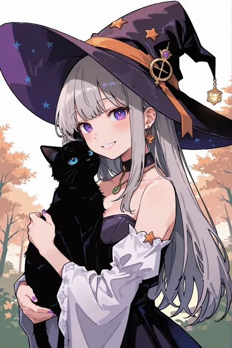 1 virgin, One, witch, Holds a Black Cat in her arms and strokes her, peace of mind , cute witch costume, will come back happy, extremely high resolution, masterpiece, 8 thousand., amazing quality. day grey hair, purple eyes. A black cat has blue eyes. Suns...