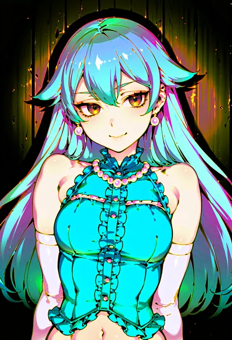 Source_anime, cute female, fishine style, 1girl, solo redhead BREAK
Light blue hair, long hair, hair flaps, brown eyes, small breasts BREAK
Frilled shirt, light blue shirt, bare shoulders, sleeveless, pearl necklace, single_ear_pearl_earring, navel, el...