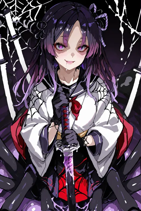 Arachne Girl. Purple hair. Parted bangs. Gradient hair with a spider web pattern hair ribbon. Purple eyes. Yandere eyes. Japanese kimono jacket. White jacket. Spider web pattern costume. Black Japanese school uniform. Black spider body. Spider legs. Red pa...