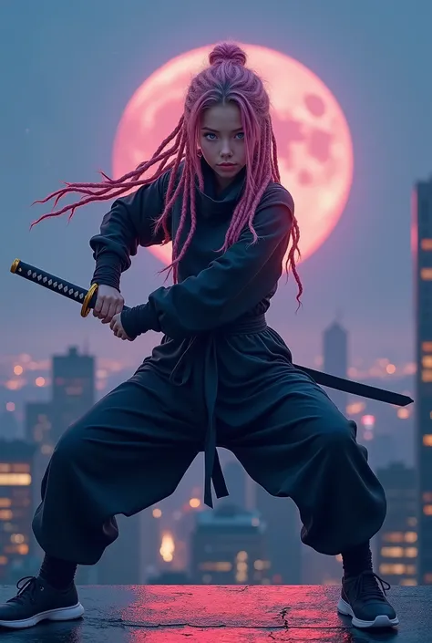 hyperrealism, photorealism, high-quality full-length photo in the center of the frame Young European ninja girl in dark baggy attire ninja style her pink hair is braided in dreadlocks(Dred's hairstyle), her blue eyes are beautiful, in the ninja pose with...