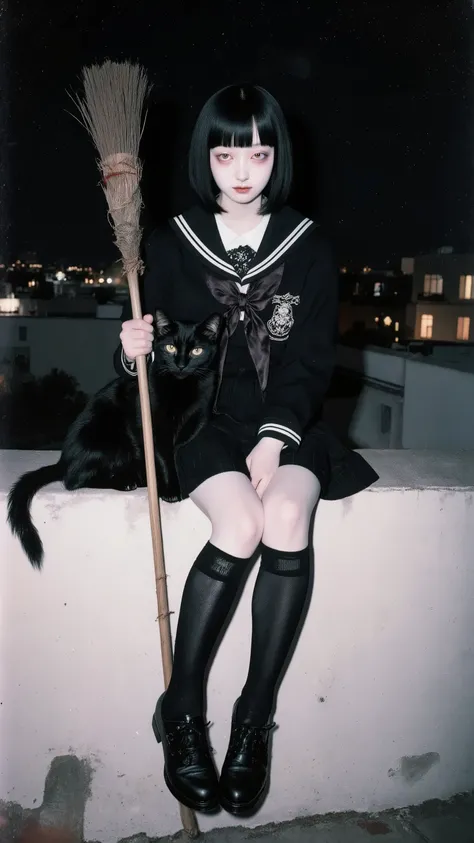 from front,looking at viewer,Chiaki Kuriyama,1girl,solo,A young woman holding a witch's broom,black hair,black high socks,,with 1 black cat,wearing black japanese school uniform,doll-like,melancholic,depression,pale skin,dramatic,vivid color,horror and bea...