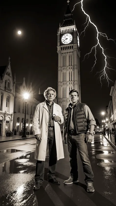 1985, Hill Valley,  Clock Tower, doc brown, Marty McFly, Commemorative Photo, Large Clock, Retro, movie-like atmosphere, Night view, lightning, DeLorean, Square in front of the clock tower, Vintage filter, Sepia Tone, time travel, Historic Buildings, Stone...