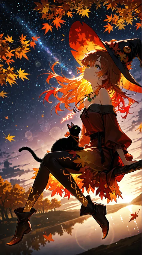 lens flare,lensflare-style,Colorful,(masterpiece, best quality), floating, silhouette, 1girl, solo, from side, trees, shade, falling leaves,autumn, character: messy hair, ,orange hair, red highlights, leaf highlights, mud brown robe with white trimmings,  black witch hat with an orange ribbon, witch hat with autumn leaf decorations, white strapless shirt, leaf necklace, autumn color skirt, leggings, , ((glowing runes)), pointed shoes, sitting on edge of cabin roof, looking up, ((black cat sitting on lap)), starry sky, lake, distant mountains, dusk, (Each hair delicate),(Delicate hair:1.3), (individual hair strands:1.3), finely drawn hair, (sharp lines:1.1,((dutch angle))
