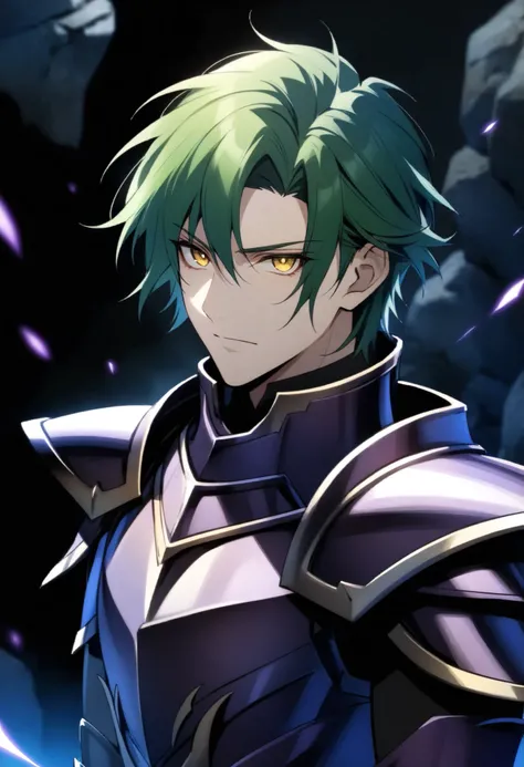 (high-quality, breathtaking),(expressive eyes, perfect face) Symmetrical Eyes, 1boy, male, solo, adult, looking at viewer, black background, soft eerie blue lighting background, rock terrain background, Dark Purple Armor, trim, full plate armor, half body ...
