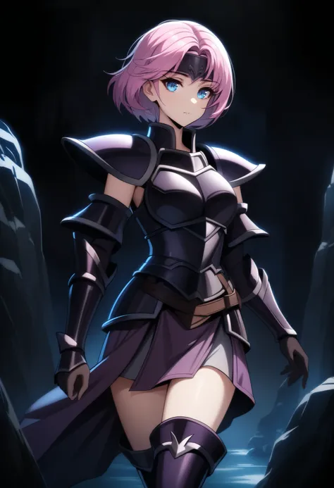 (high-quality, breathtaking),(expressive eyes, perfect face) Symmetrical Eyes, 1girl, female, solo, adult, looking at viewer, black background, soft eerie blue lighting background, rock terrain background, Dark Purple Armor, trim, full plate armor, half bo...