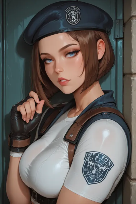 1girl, RE1Jill (face megan fox), blue eyes, brown bob cut, beret, breasts, fingerless gloves,