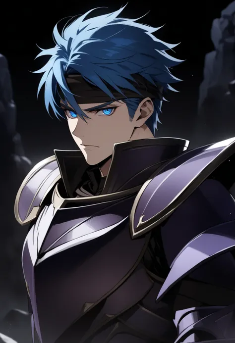 (high-quality, breathtaking),(expressive eyes, perfect face) Symmetrical Eyes, 1boy, male, solo, adult, looking at viewer, black background, soft eerie blue lighting background, rock terrain background, Dark Purple Armor, trim, full plate armor, half body ...