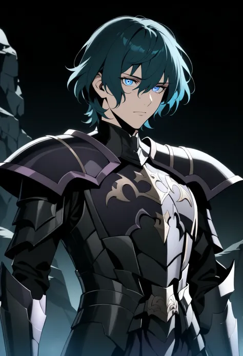 (high-quality, breathtaking),(expressive eyes, perfect face) Symmetrical Eyes, 1boy, male, solo, adult, looking at viewer, black background, soft eerie blue lighting background, rock terrain background, Dark Purple Armor, trim, full plate armor, half body ...