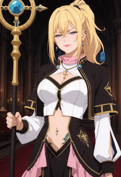 masterpiece,high quality,highres,8k,anime screencap,
1girl,blonde hair,long hair,ponytail,blue eyes,bare midriff,cleavage,detached sleeves,frilled dress,jewelry,necklace,black jacket,black capelet,pink frills,pink collar,navel cutout black skirt,white shir...