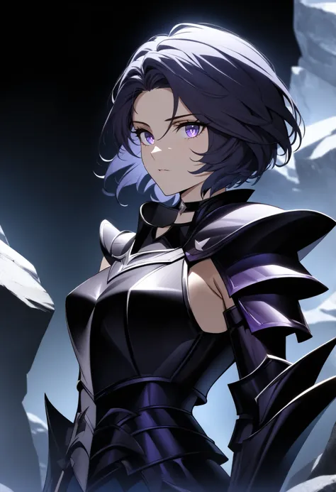(high-quality, breathtaking),(expressive eyes, perfect face) Symmetrical Eyes, 1girl, female, solo, adult, looking at viewer, black background, soft eerie blue lighting background, rock terrain background, Dark Purple Armor, trim, full plate armor, half bo...