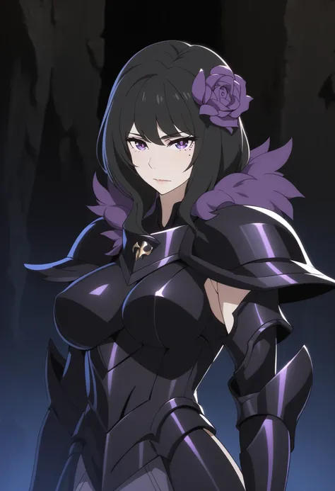 (high-quality, breathtaking),(expressive eyes, perfect face) Symmetrical Eyes, 1girl, female, solo, adult, looking at viewer, black background, soft eerie blue lighting background, rock terrain background, Dark Purple Armor, trim, full plate armor, half bo...