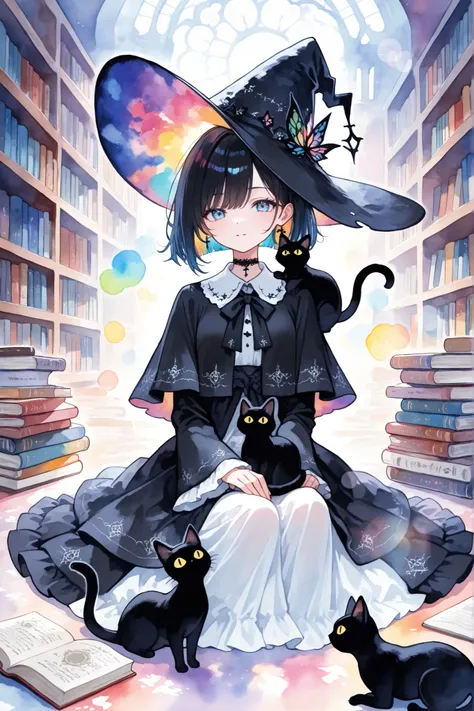 Lens flare, lens flare style, colorful, masterpiece, delicate watercolor touches, black accents, fantastic atmosphere, gothic art style,
A young witch wearing a witch's hat is sitting in a library piled high with books, sitting surrounded by books, a black...