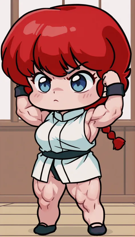 Ranma Saotome, cabello rojo, hair with a braid, blue eyes, Big breasts, NSFW,  sexy hips, sexy waist, mai shiranui cosplay, Red and white suit,  sideboob, pelvic window, The King of Fighters cosplay, Japanese Dojo , looking at the spectator, by day, arms r...