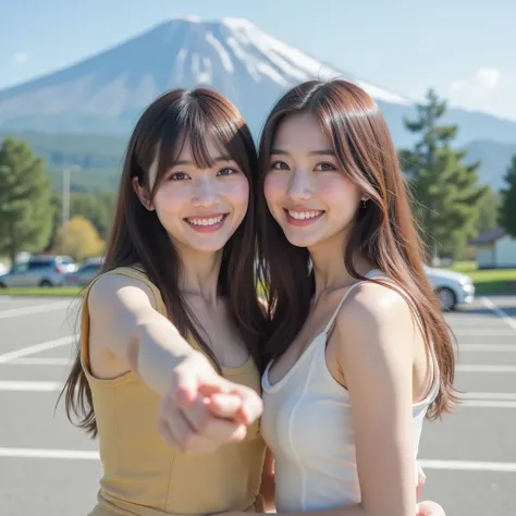 『The atmosphere of the face and hairstyle is different２Japanese girls:1.9』『real photos:1.3』Highest Quality:1.2、((BIG BREASTS))、slender body,show slight cleavage、((young 20 year old woman ))、((showing teeth:1.3))、(((anatomically correct、perfect anatomy、anat...