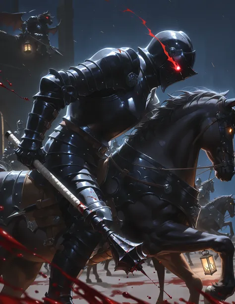 (very detailed:1.2, Masterpiece:1.2, PREMIUM QUALITY:1.2, high resolution on the coast:1.2), 1boy, knight, from side, dark armor, black armor, full armor, horse, black horse, lantern, gray ground, gray filed, night, dark, dark background, shadow, holding, ...