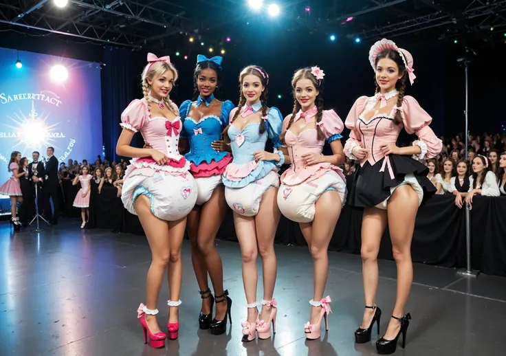 masterpiece, very awa, best quality, very aesthetic, absurdres, newest, intricate details, realistic, ((very wide shot:1.4)), fashion show, strobe lights, catwalk, from side, ((multiple girls strut down the runway in a row)), 6+girls, perfect face, fair sk...