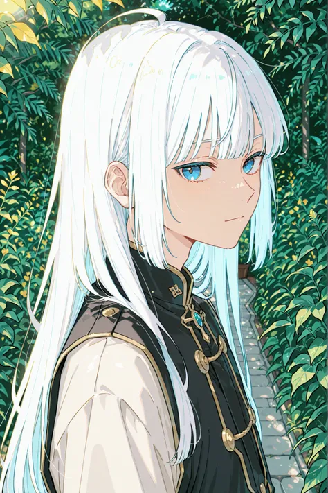 Bangs that catch my eyes slightly。white hair。I have a little yellow light in my blue eyes。The length of my hair isn't too long, not too short。 high school boy。I'm wearing a uniform from the Ombolo dorm in Twisted Wonderland。 botanical garden。