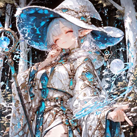 Best quality. Masterpiece. Perfect detail. Elf witch. Witch hat. Face closed up. Medium breast. Blue eyes like the deep sea. Silver hair. Natural robe. A staff. Ancient magic circles. Under the Moon. Magical forest. Grimores. Old trees.