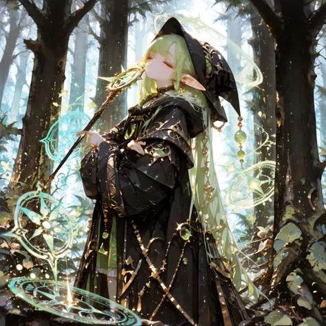 Best Quality, masterpiece, Perfect Details, beautiful elf witch, long pointed ears, mysterious green eyes, has long silvery hair, Black Wizard's Robe, Gold Jewelry, Magic Wand, Floating Magic Circle, Ancient magic book, Magical Forest , under the moonlig...