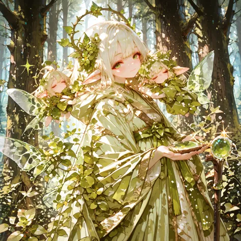 Superb Quality, Perfect Details, 8K resolution , Natural Elf Witch, Head Decorated with Flowers and Leaves, emerald eyes, Natural Linen Robe, wooden cane, Healing Magic, Forest Spirits, Sparkling Magic Powder, Sacred Ancient Forest, Warm Magical Light, Fa...