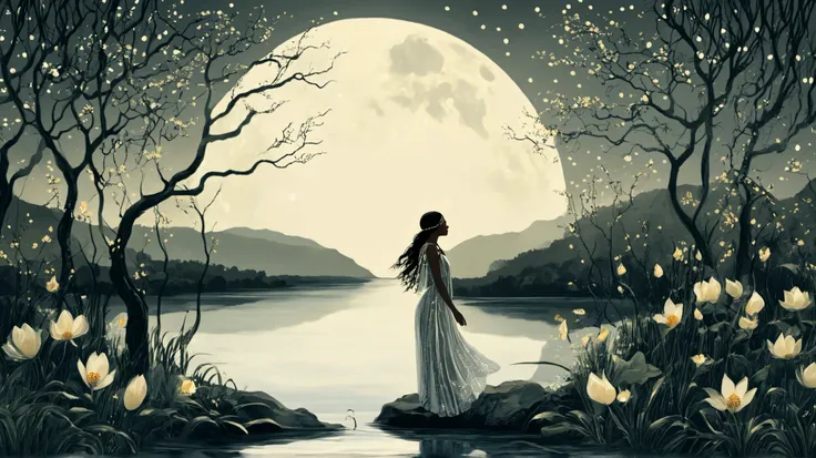 Create a magical and enchanting scene that depicts the story of Naiá, a young indigenous girl in love with the warrior Moon. The image should capture the moment when Naiá plunges into the calm waters of a lake under the moonlight. In the background, the wa...