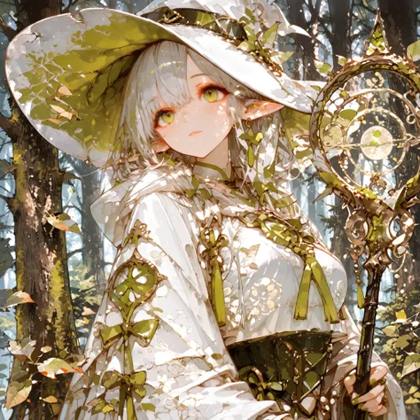 Best quality. Masterpiece. Perfect detail. Elf witch. Witch hat. Face shot. Medium breast. Green eyes like leaves. Silver hair. Natural robe. A staff. Ancient magic circles. Under the Moon. Magical forest. Old trees.