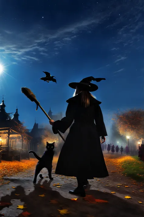 A child witch rides a broom and flies through the sky,Black Cat,looking up from below,details,High Quality,masterpieces,super definition,Photographer, dark,fantastic,Fantasy,Digital Art,Dynamic Composition,Sharp Focus,born々Shiny Colors,bokeh,4K,HDR