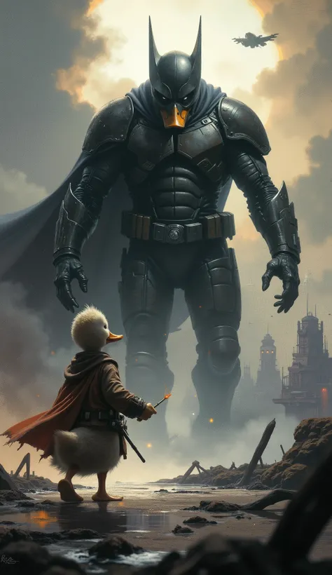 cinematic parody scene, duck version of space battle aftermath, small heroic duck in torn rebel uniform facing revelation from imposing duck villain in dark technological armor, dramatic backlighting creating silhouettes, floating city platforms with cloud...