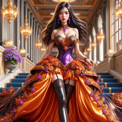A cute girls white-skinned, blue-eyed, thin lips, Gigantic fake boobs veins, asian girls in a dress standing in front of a car, UHD, luxurious mechanism dress, ornate dress, shiny dress, sparkling dress, glossy motif dresses, elaborate fantasy dress with g...