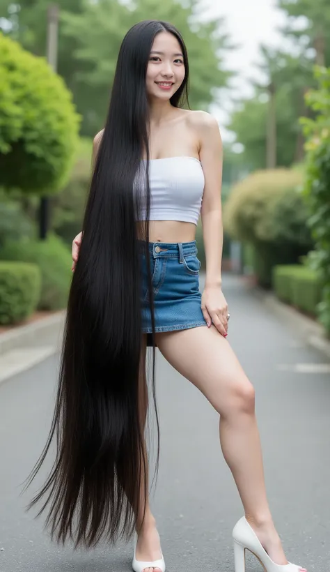 Very cute and young Asian girl with dimples.she is standing .She wears a sleeveless and strapless white tube dress very tight , fitted tight denim mini skirt and white high heel. She has the longest black hair .She has the longest light black hair up to 32...