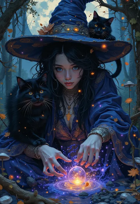 A digital painting depicting a very shy young witch with an insidious, sweet face, disheveled black hair and a pointed, intricately decorated witch hat with a wide brim, close-up and her fluffy black cat standing on its hind legs on the shoulder of the wit...
