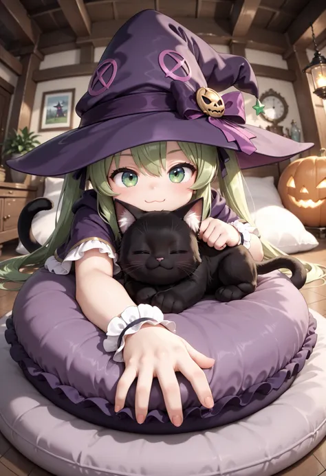 masterpiece, best quality, ultra-detailed, very aesthetic, absurdres, chibi solo, 1girl, witch, green twintails, purple witch hat, purple capelet, purple dress, white frilled wrist cuffs, on stomach, on large cushion, (= =), :3, looking at viewer, girl's b...