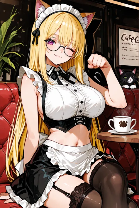 A woman with sexy round glasses、Long Blonde、Cafe worker、Kind older sister style。maid,backless maid clothes,maid apron, maid headdress,tight frild skirt,large breast。 crop top navel。mischievous demonic smile。holding a cat。 paw pose 。The background is a cat ...