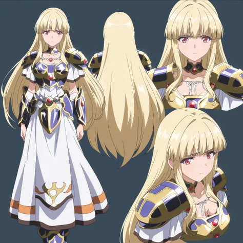 masterpiece,high score,Good score,absurdities,anime coloring,looking at the viewer,Alone, character sheet, multiple views, fondo blanco, Valkyriess character sheet, blond hair, long hair, Red Eyes,armor,neckline,armored dress,