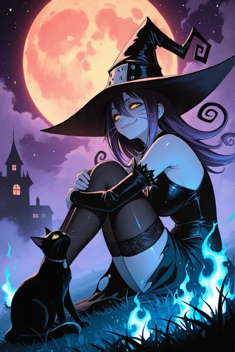 1girl, mature female, blair (soul eater), witch clothes, witch hat, detached sleeves, hugging black cat, whiskers, shiny eyes, looking up, smug, sitting on grass, knees up, folded, stockings,
BREAK
detailed background, night time, horror, fog, brume, mist...